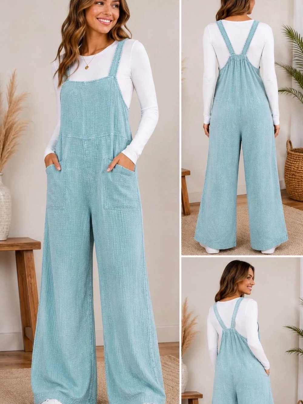 Zenana’s Relaxed Wide-Leg Gauze Overalls- Light Teal